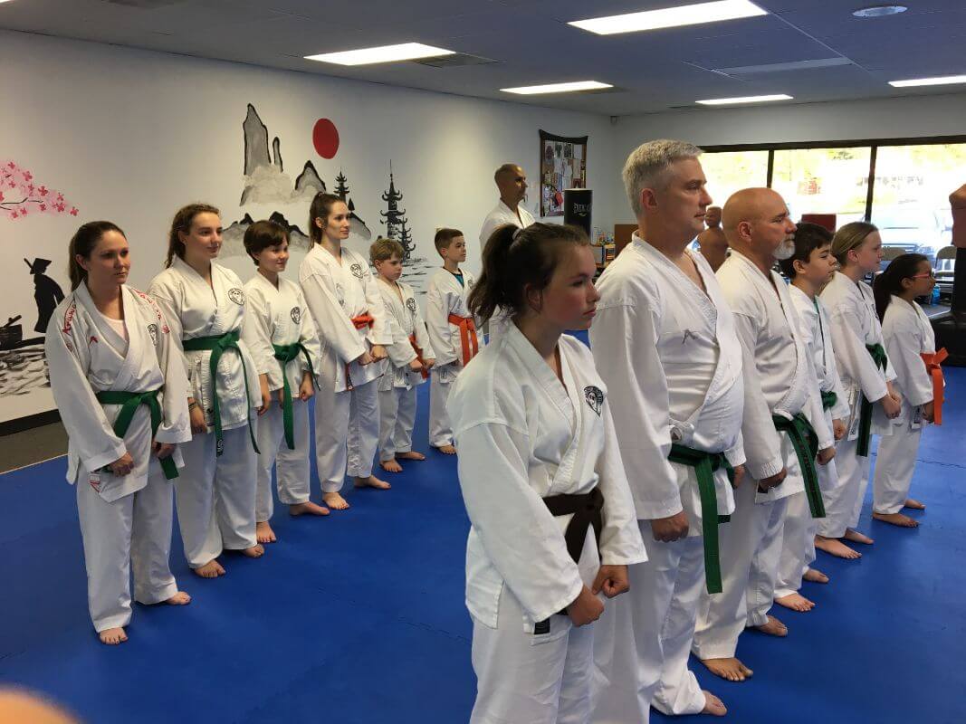 Group of karate students in Greenville, South Carolina. All ages: from kids, children, alduts to advanced karate-do athletes in the Kazoku Karate dojo - Wado-Ryu martial arts club in South Carolina, United States